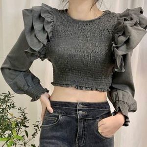Zara Ruffle Shoulder Crop Top Women’s Size S Smocked Long Sleeves Avant Garde